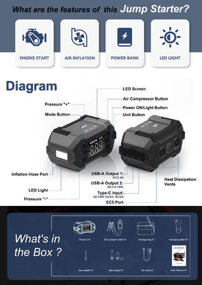 8.0L Benzine Portable Power Bank Multi-fonctionnelle Auto Saut de démarreur avec compresseur d'air Pour toutes les voitures