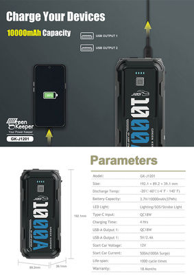 1000A 12V Portable Car Power Bank Jump Starter avec lumière LED et sortie de charge USB-A