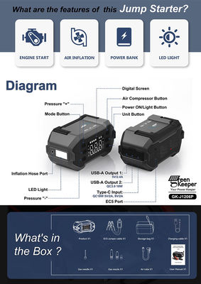 Batterie d'urgence de voiture de 18W 4 en 1 démarreur de saut avec gonfleur d'air 12V batterie batterie au lithium