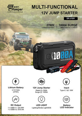 12W multi-fonction Auto Jump Starter Power Bank avec une batterie au lithium de haute puissance de 1000A