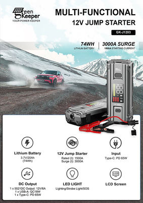PD 65W 12V 3000A 20000mAh Multi-fonction portable voiture de secours batterie booster saut démarreur Power Bank