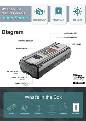 PD 65W 12V 3000A 20000mAh Multi-fonction portable voiture de secours batterie booster saut démarreur Power Bank
