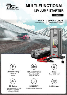 Batterie d'urgence pour voiture J1203 Peak 3000A 20000mAh Boost Jump Starter pour véhicules de 8,0L
