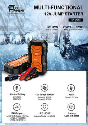 QC 18W Entrée GreenKeeper UltraSafe Super Condensateur 2000A Batterie démarreur avec lumière LED
