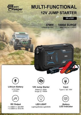 Batterie d'urgence de voiture de 18W Total Output UltraSafe Booster Pack 12V 24V 1000A Jump Starter