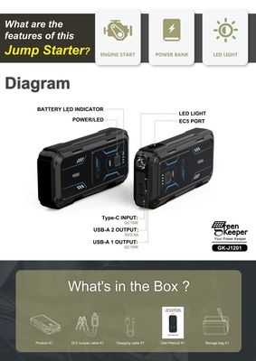 Batterie d'urgence de voiture de 18W Total Output UltraSafe Booster Pack 12V 24V 1000A Jump Starter